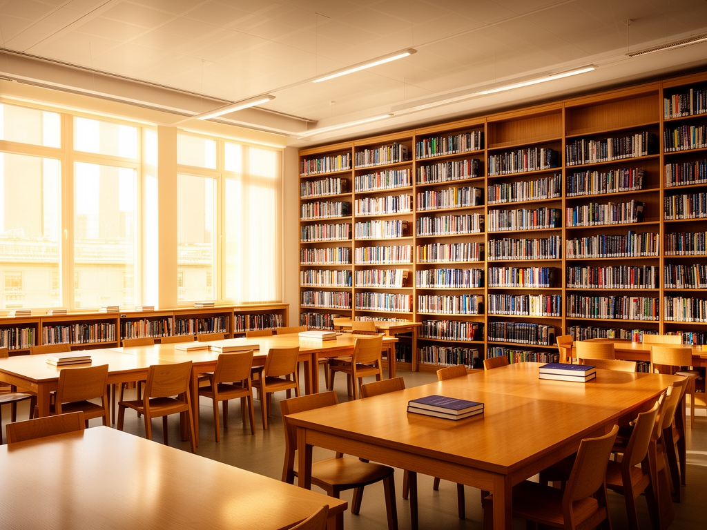 Bibliothèque moderne lumineuse avec rayonnages de livres scientifiques et de recherche, grandes fenêtres laissant entrer une lumière naturelle chaleureuse, tables de lecture en bois, atmosphère académique studieuse