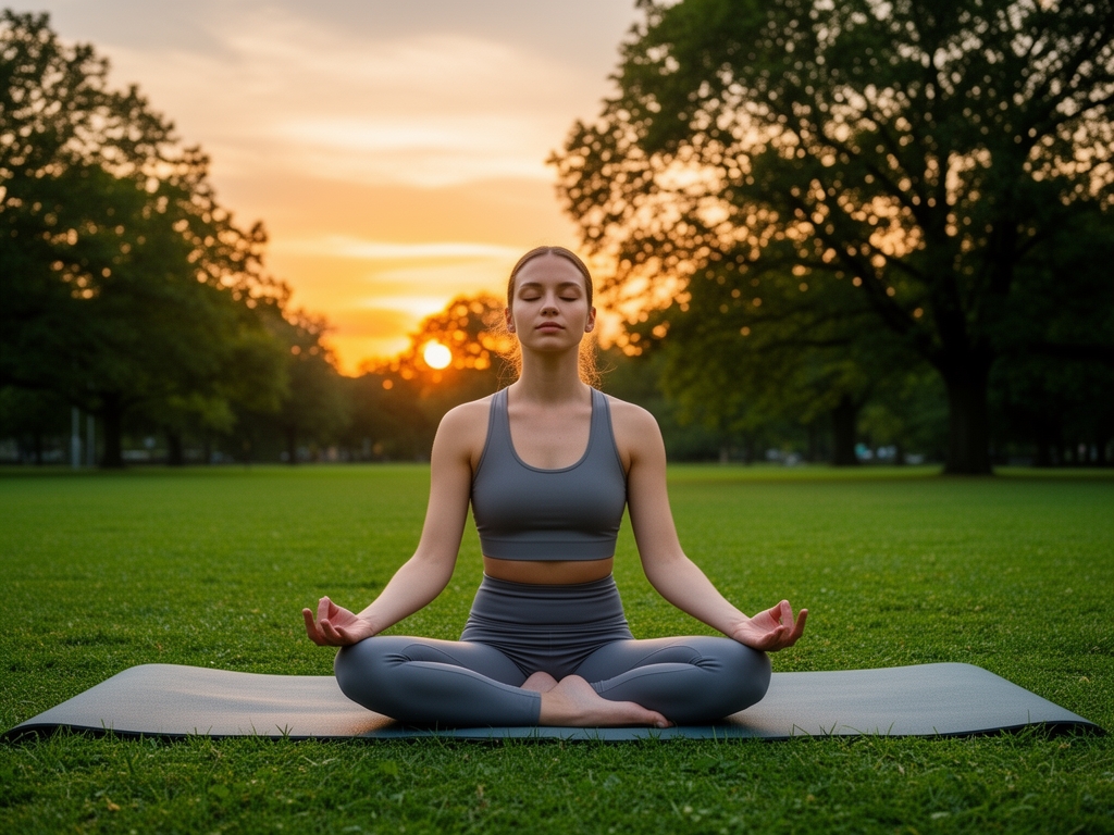 Jeune femme pratiquant le yoga en plein air sur tapis au coucher du soleil dans un parc verdoyant avec arbres en arrière-plan, posture de méditation paisible, mode de vie sain et équilibré
