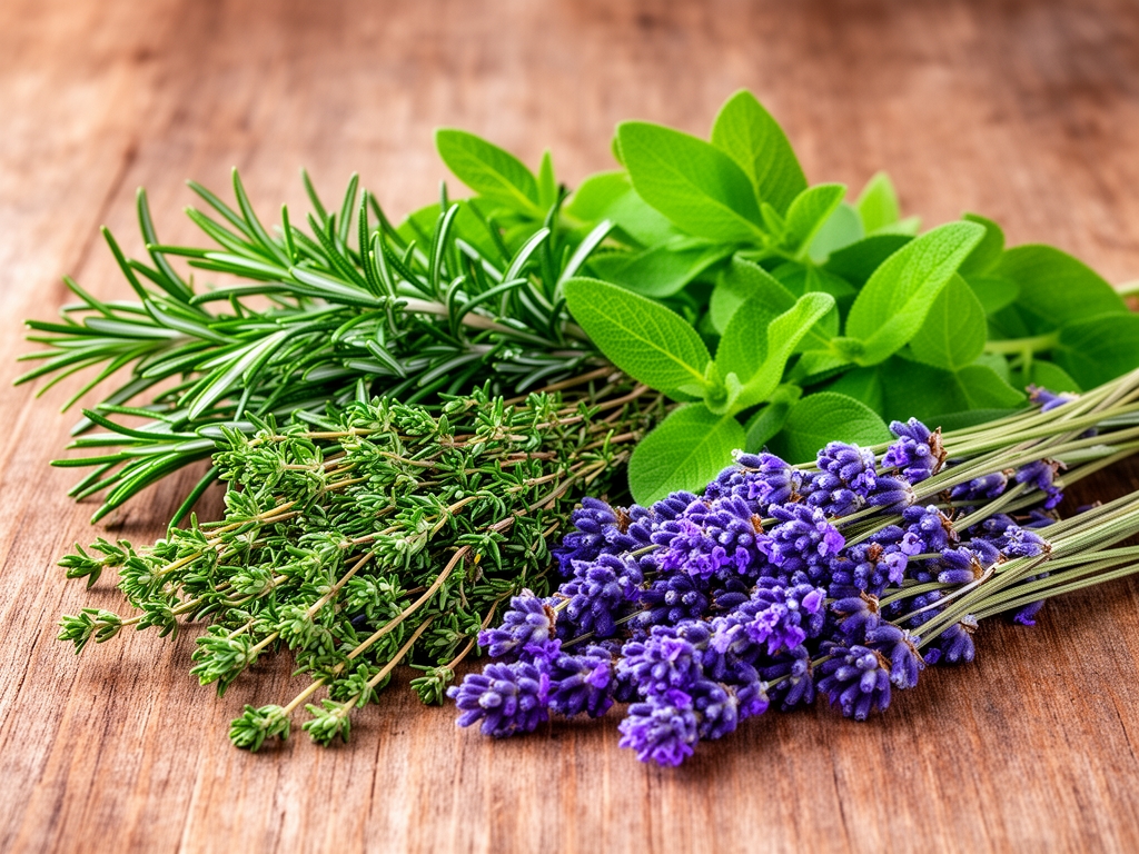 Sélection harmonieuse de plantes médicinales et herbes aromatiques séchées sur fond en bois naturel, incluant romarin, thym, lavande et feuilles vertes variées, arrangement botanique naturel