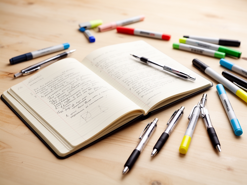 Bureau de recherche avec carnets de notes scientifiques ouverts, stylos et marqueurs, sur fond bois clair avec éclairage naturel doux, ambiance de travail intellectuel et d'analyse documentaire